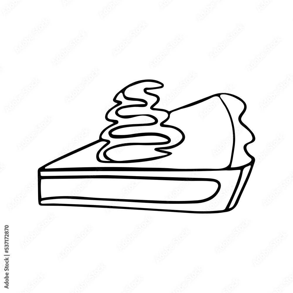 Piece of cake with cream in doodle style on a white background. Vector illustration Piece of cake with cream in doodle style on a white background. Vector illustration