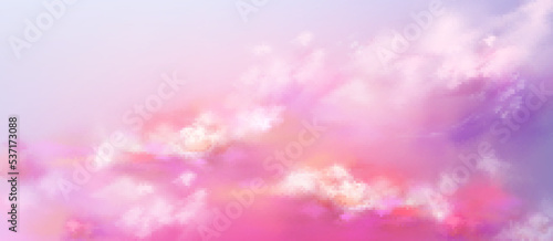 Realistic sky, pink heaven background. Sunset or sunrise natural cloudscape view with white and lilac soft fluffy clouds. Evening or morning abstract vivid fantasy backdrop, 3d vector illustration