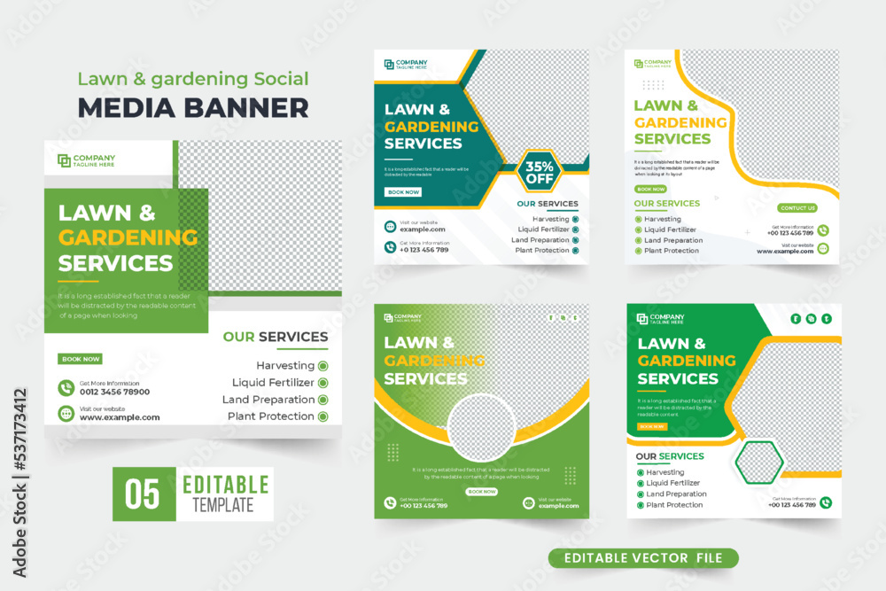 Gardening service social media post collection with abstract shapes. Lawn mowing service web banner template set with green and yellow colors. Agro farming service promotional template bundle vector. Gardening service social media post collection with abstract shapes. Lawn mowing service web banner template set with green and yellow colors. Agro farming service promotional template bundle vector.