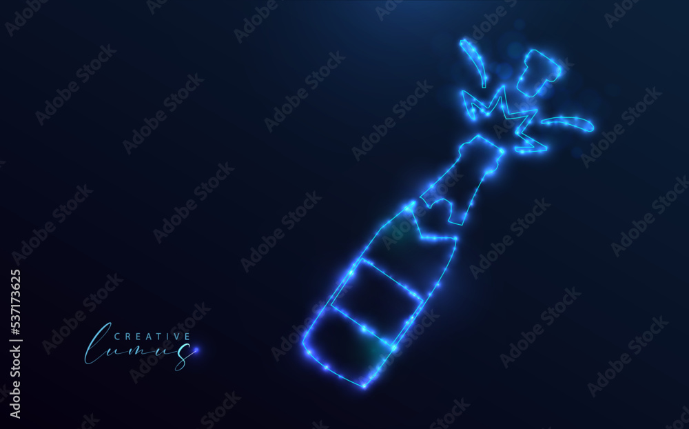 Starry champagne bottle. Bottle icon with blue stars and neon light. Outline design or symbol on a dark blue background.