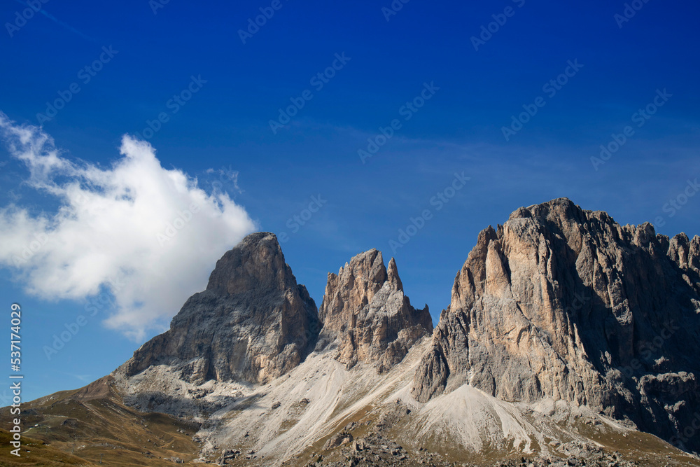 The mountain range of the Dolomites seen on the Sasso Lungo