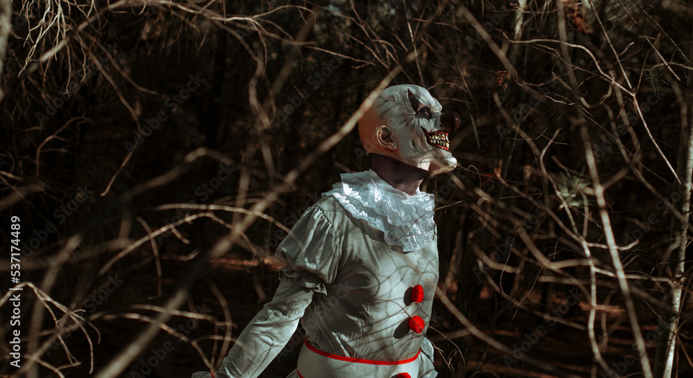 evil clown in the woods at dusk, banner format