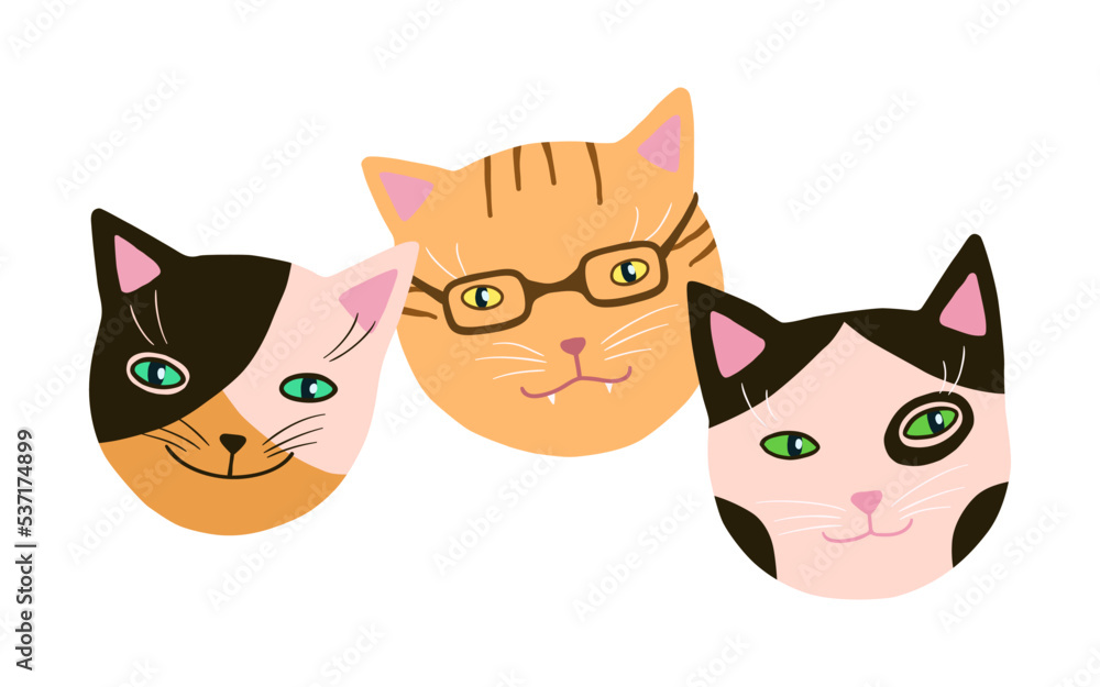 Funny cats muzzles set. Hand drawn cute friends kittens head clip art. Kitty breeds collection. Vector artistic cartoon simple pets. Funny cats muzzles set. Hand drawn cute friends kittens head clip art. Kitty breeds collection. Vector artistic cartoon simple pets.