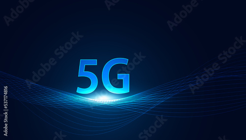 Abstract 5G holographic network wireless internet Wi-fi connection and internet of things on Wave background.Connected To 5G Network