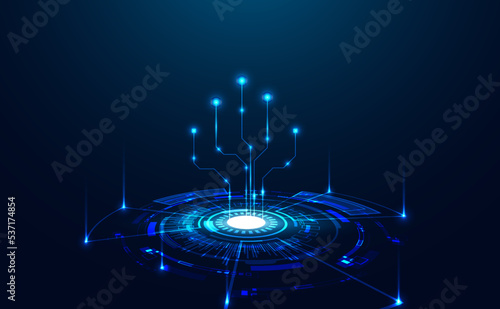 Abstract Circle Digital Circuit Concept Light Circle Network Connection Blue Digital Copy Space for Text Wallpaper Background Futuristic Modern.