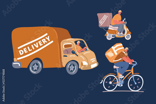 Cartoon vector illustration of Online delivery service concept, online order tracking, delivery home and office. truck, drone, scooter and bicycle courier,