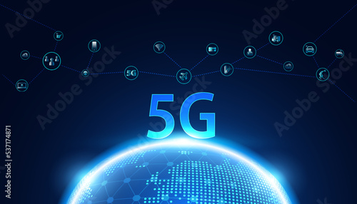 Abstract 5G holographic network wireless internet Wi-fi connection and internet of things on world background.Connected To 5G Network