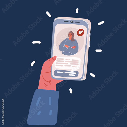 Cartoon vector illustration of hand hold smartphones and girls on the screen