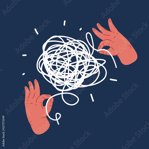Cartoon vector illustration of Chaos and order abstract minimalist concept. Metaphor of disorganized difficult problem, mess single continuous tangle thread in need of unraveling