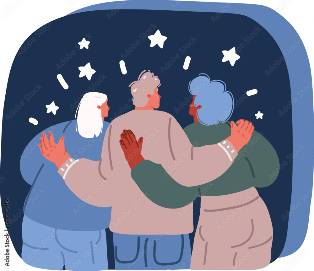 Cartoon vector illustration of Hugs with Friends Rear View. Diverse Multiracial Male and Female Characters Stand in Row Hugging Each Other. International Friendship Day Celebration, Peace