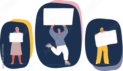 Cartoon vector illustration of Protest. People crowd holding blank banners, manifesting activists demonstrating empty signs. Man and women holding blank banners