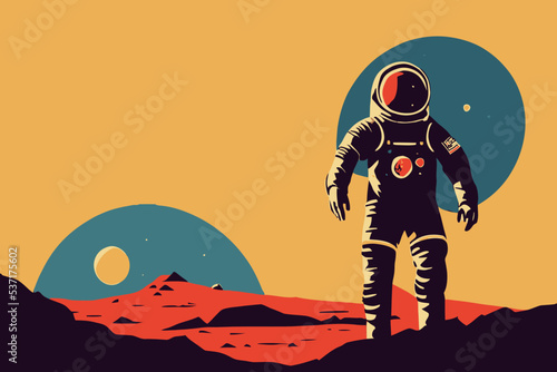 Digital vector illustration of an astronaut on mars on orange colors background
