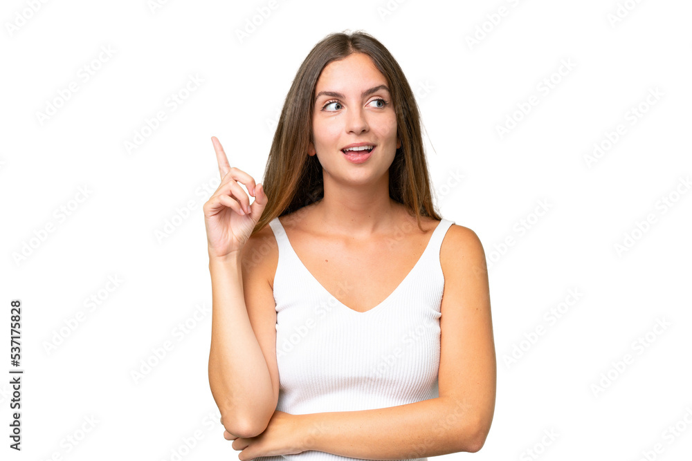Young pretty woman over isolated background intending to realizes the solution while lifting a finger up Young pretty woman over isolated background intending to realizes the solution while lifting a finger up