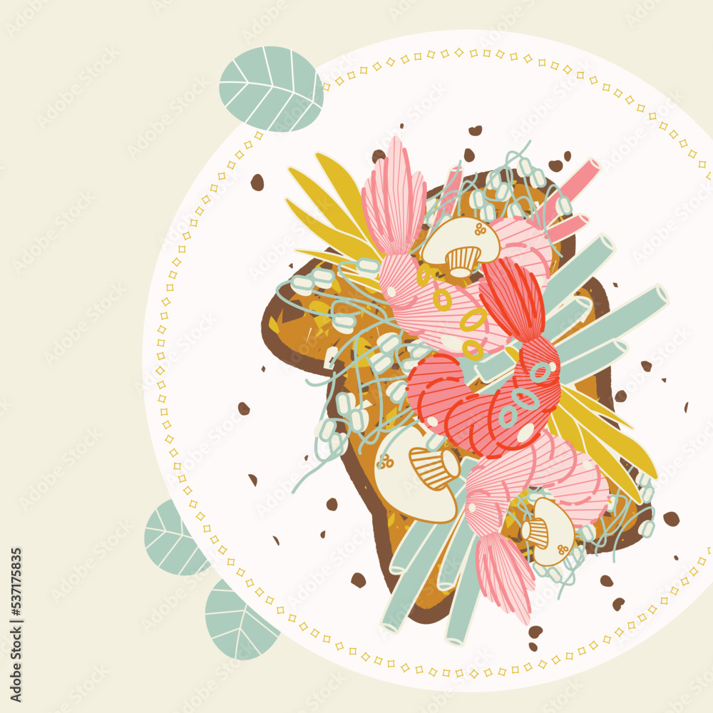 Stylish illustration with bruschetta with shrimp, mushrooms, salad on a plate. Vector print, postcard, design. Food. Lunch.