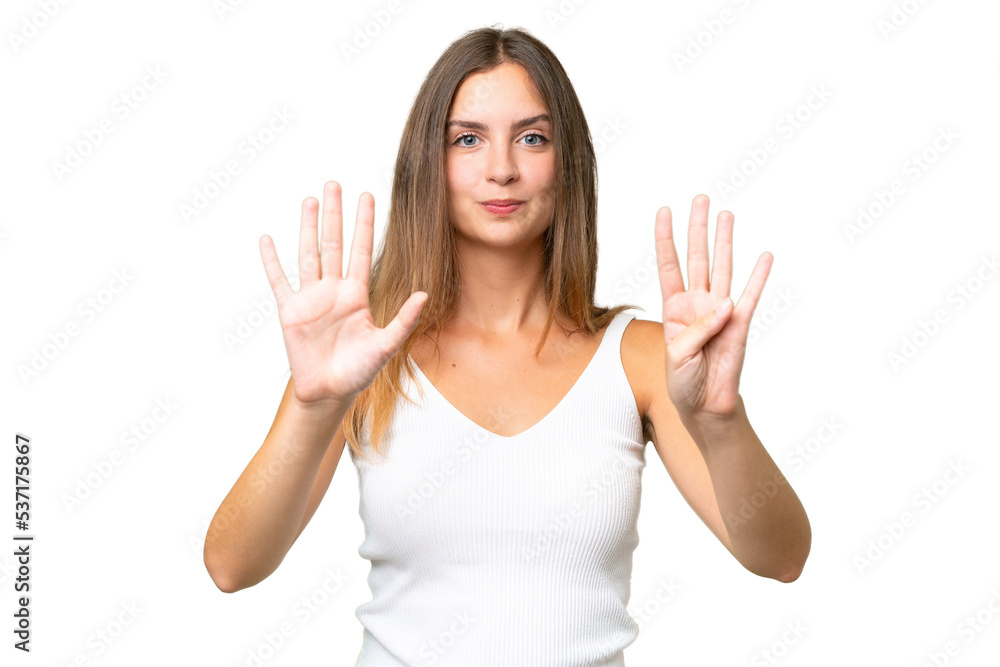 Young pretty woman over isolated background counting nine with fingers Young pretty woman over isolated background counting nine with fingers