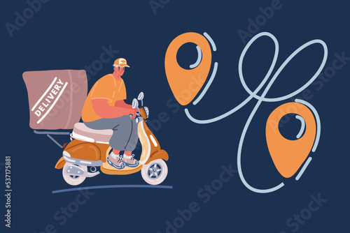 Cartoon vector illustration of Location map application to deliver package goods. Man ride on scrooter
