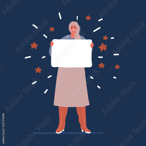 Cartoon vector illustration of woman holding banner, placard