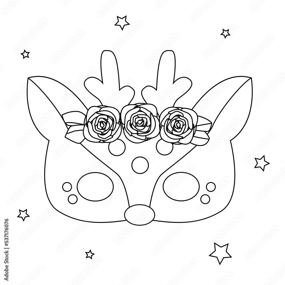 Coloring cute cartoon deer mask. Black and white vector illustration ...