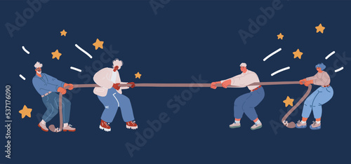 Cartoon vector illustration of Tug war competition with rope. Hands pulling rope.