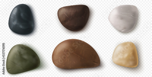 Small river pebbles and stones collection. Smooth beach rocks, sea and ocean coast boulders of various color, texture and shape isolated on white background, Realistic 3d vector illustration, set
