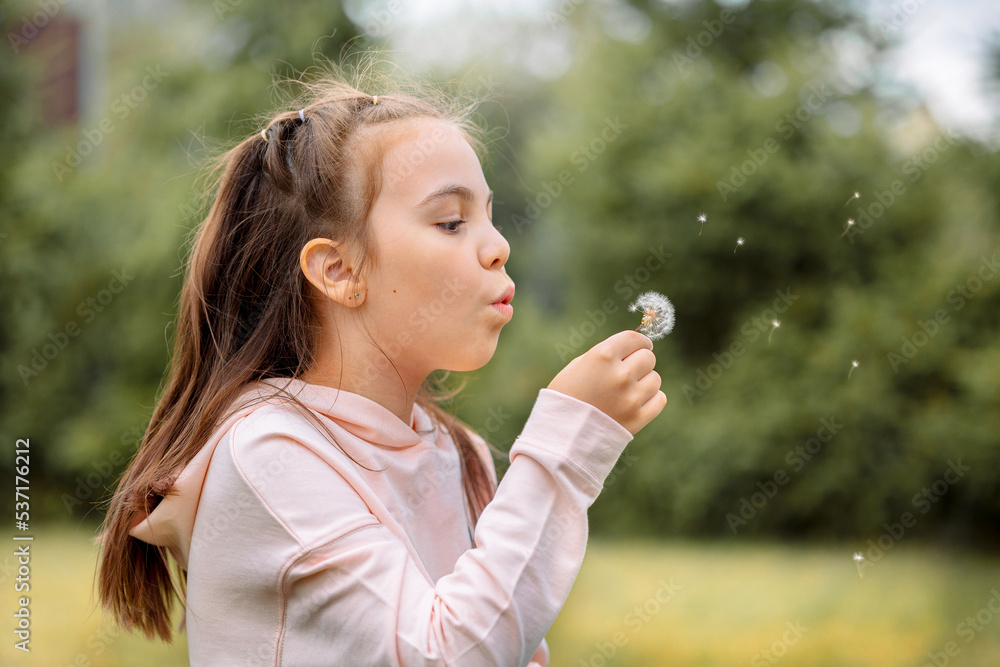 Sweet little girl blowing of white dandelion on summer sunny day. High quality photo Sweet little girl blowing of white dandelion on summer sunny day. High quality photo