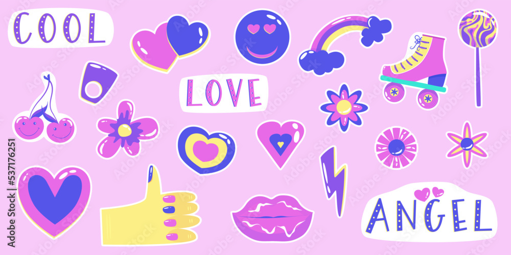Retro sticker y2k set. Hipster Y2k aesthetic collection. Retro vintage girly badge collection. Sticker pack. Vector graphic illustration.