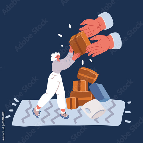 Cartoon vector illustration of woman reciving an order. Ecommerce is the new business, happy to do shopping from home. Reciving or sending goods with delivery company. Happy client
