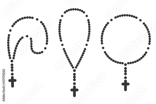 Rosary beads silhouettes set. Prayer jewellery for meditation. Catholic chaplet with a cross. Religion symbol. Vector illustration.