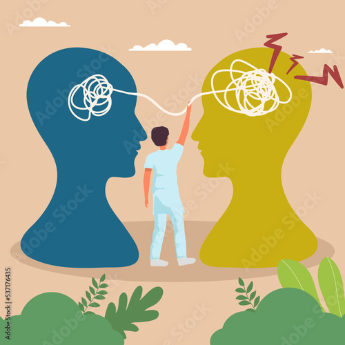 Correction in thinking. Man hold gear element, head silhouette on background, psychologist or psychotherapist helps to solve mental problems, business coach consulting. Vector concept.