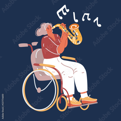 Cartoon vector illustration of woman on wheelchair is playing music