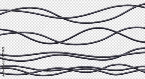 Realistic cables set, black flexible electrical wires with plastic braid isolated on white background. Power or network line, connection and telecommunication equipment, 3d vector illustration