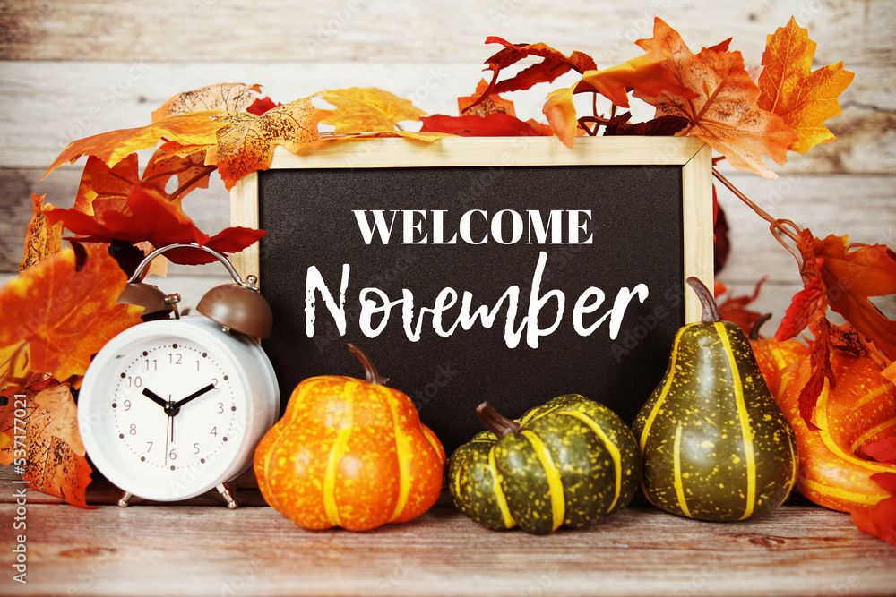 Welcome November text message written on blackboard with pumpkins and autumn maple leaves decoration on wooden background Stock Photo | Adobe Stock