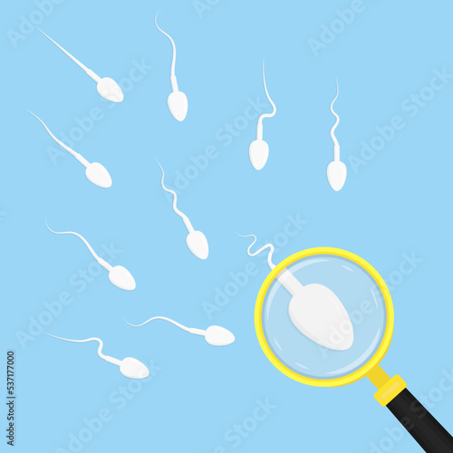 Spermatozoa and a magnifying glass. Laboratory study of male germ cells. 