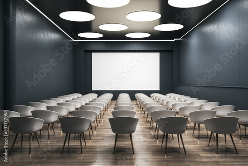 Front view on blank white wall board with space for your logo or text on dark wall in empty auditorium with white seats. 3D rendering, mock up