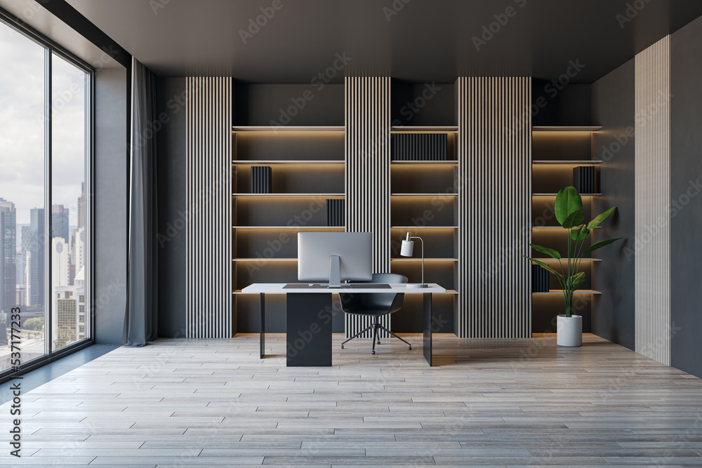 Modern concrete and wooden stylish designer office interior with panoramic city view, furniture, computer monitor, bookcase shelves. 3D Rendering.