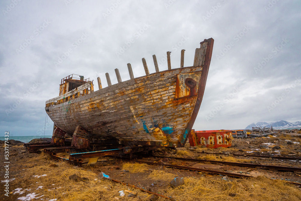 Hofrungur AK 91 Abandoned Shipwreck at Akranes town near Reykjavik during winter cloudy day at Akranes , West Coast of Iceland : 15 March 2020