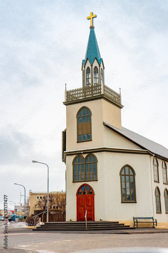 Obraz premium Akraneskirkja Church at Akranes town , Port town near Reykjavik around city center during winter cloudy day at Akranes , West Coast of Iceland : 15 March 2020