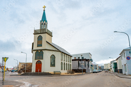 Akraneskirkja Church at Akranes town , Port town near Reykjavik around city center during winter cloudy day at Akranes , West Coast of Iceland : 15 March 2020 photo