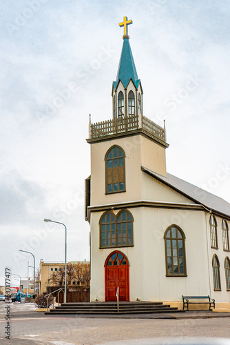 Akraneskirkja Church at Akranes town , Port town near Reykjavik around city center during winter cloudy day at Akranes , West Coast of Iceland : 15 March 2020