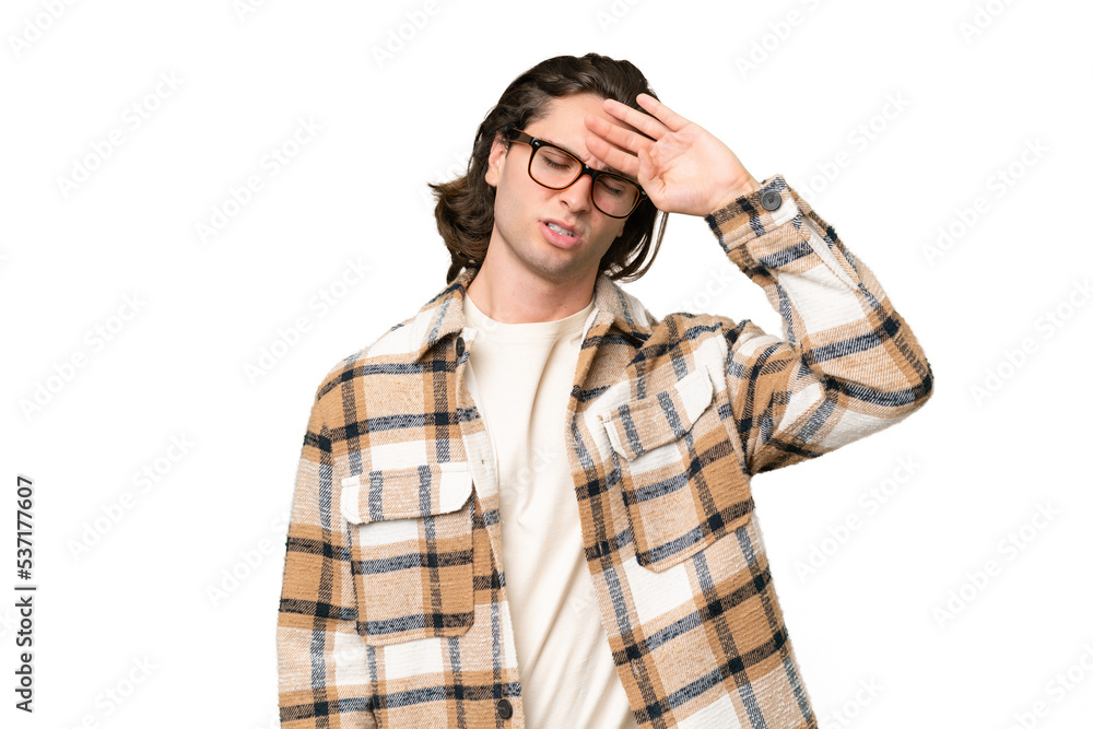 Young caucasian man isolated on green chroma background with tired and sick expression