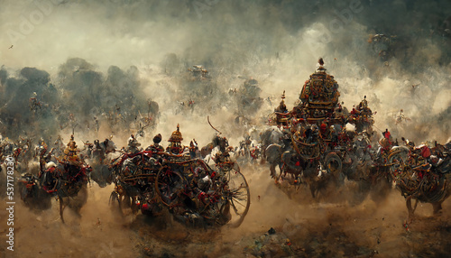 AI generated image depicting the war between the Pandavas and Kauravas, as mentioned in the Hindu epic Mahabharat. The war took place at Kurukshetra, India