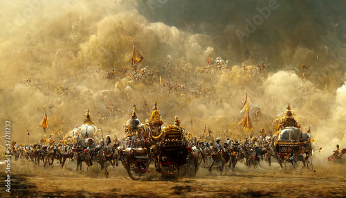AI generated image depicting the war between the Pandavas and Kauravas, as mentioned in the Hindu epic Mahabharat. The war took place at Kurukshetra, India photo