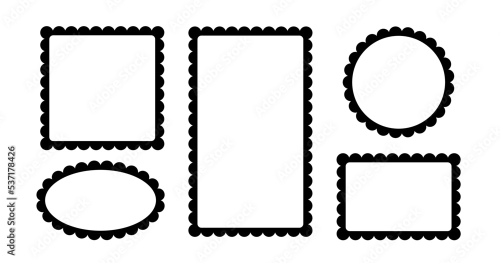 Circle and square scalloped frames. Scalloped edge rectangle and ellipse shapes. Simple label and sticker form. Flower silhouette lace frame. Vector illustration isolated on white background. Circle and square scalloped frames. Scalloped edge rectangle and ellipse shapes. Simple label and sticker form. Flower silhouette lace frame. Vector illustration isolated on white background.