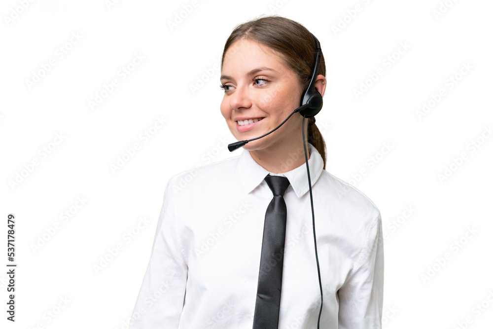 Telemarketer caucasian woman working with a headset over isolated background with happy expression Telemarketer caucasian woman working with a headset over isolated background with happy expression