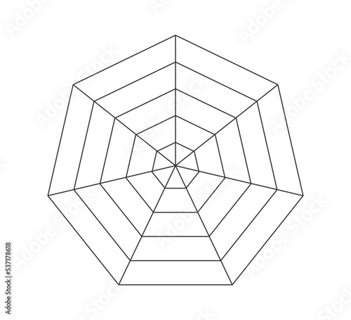 Heptagonal radar spider diagram template. Heptagon graph. Flat spider mesh. Blank seven sided radar chart. Kiviat diagram for statistic and analitic. Vector illustration isolated on white background.