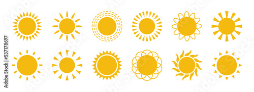 Yellow flat sun with rays icons in various design. Sun silhouette icons. Graphic weather signs. Symbol of heat, warm and climate. Vector illustrations set isolated on white background.
