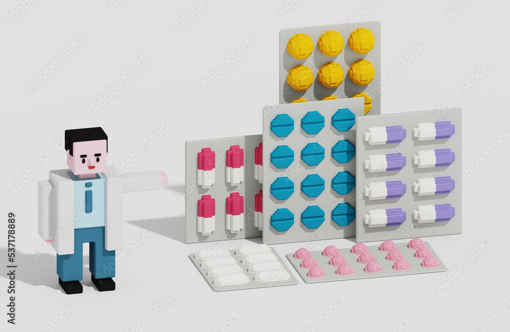 Obraz premium Doctor points to pills. 3D rendered cartoon low poly illustration