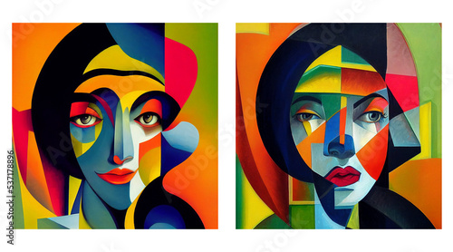 Set of two color images of abstract female portrait, rich color background, cubist artwork