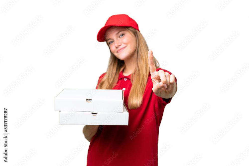 Young caucasian pizza delivery woman with work uniform picking up pizza boxes over isolated background showing and lifting a finger Young caucasian pizza delivery woman with work uniform picking up pizza boxes over isolated background showing and lifting a finger