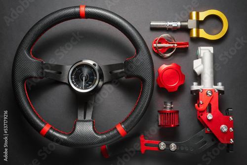 Sport car tuning equipment and accessories top view concept background.